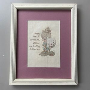 VTG Precious Moments Boy Put on a Happy Face Heart Completed Framed Cross Stitch